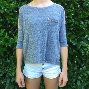 3/4 length Sleeve Gray Top with Pockets and Lace